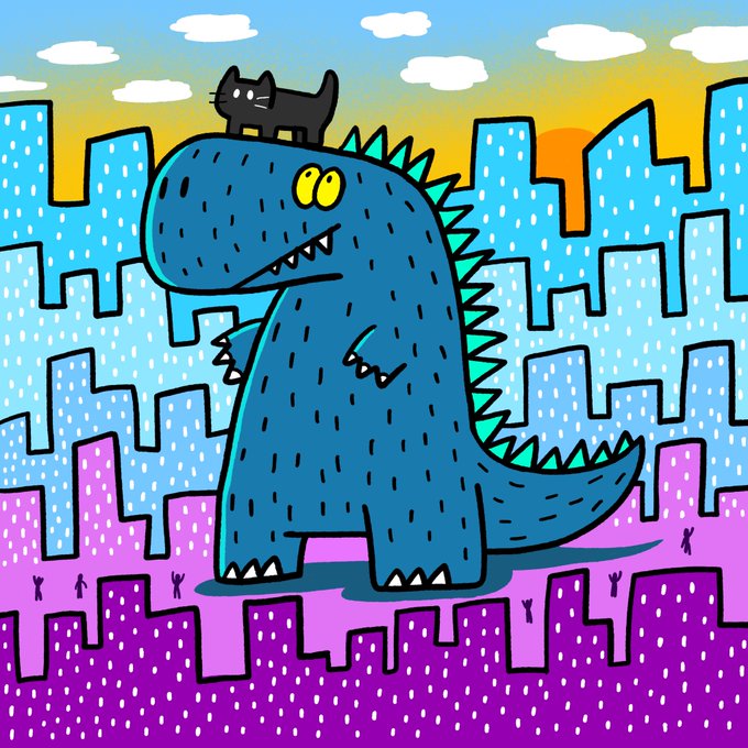 A cartoon illustration of a large blue dinosaur-like monster with a small black cat standing on its head, set against a colorful city skyline at sunset with purple and blue buildings.