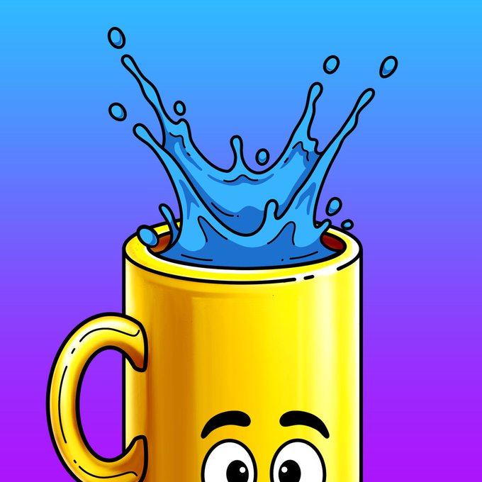A colorful digital illustration of a yellow mug with a cartoon face, splashing blue water upward against a gradient purple and blue background.