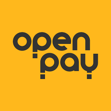 The image displays the OpenPay logo, featuring bold black lowercase text on a bright yellow background. The logo represents OpenPay, the firm mentioned in the post as having completed its KYB application and awaiting Pi Network mainnet listing approval.