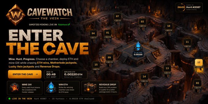 A promotional graphic for 'CAVEWATCH THE VEIN' with the text 'ENTER THE CAVE' and details about a gamified mining live event on Robinhood, displaying various numbered chamber icons.
