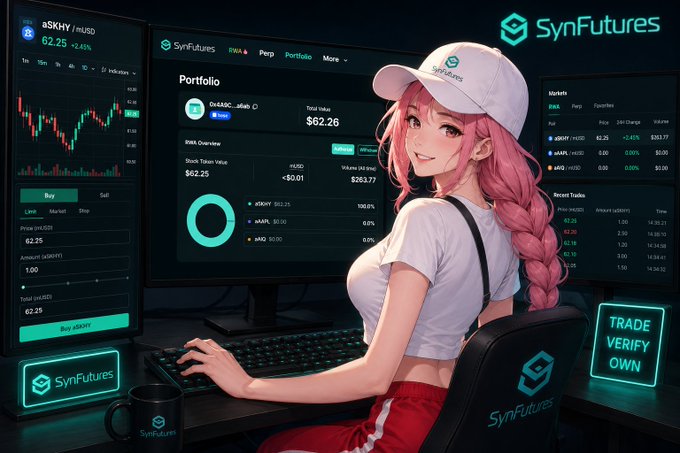 An anime-style illustration of a pink-haired woman wearing a 'SynFutures' cap and shirt, sitting at a multi-monitor trading desk displaying crypto portfolio data and candlestick charts.
