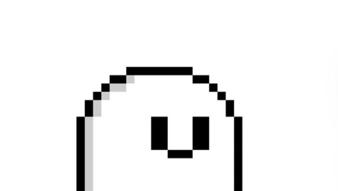 A pixelated black-and-white drawing of a simple smiling face with a rounded head and two square eyes.