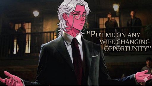 An anime-style illustration of a pink-skinned man with white hair in a suit, with text overlay reading "Put me on any wife changing opportunity."