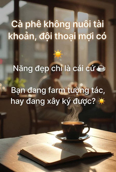 A coffee shop scene with overlaid Vietnamese text discussing financial topics, featuring a steaming cup of coffee and an open book on a wooden table.