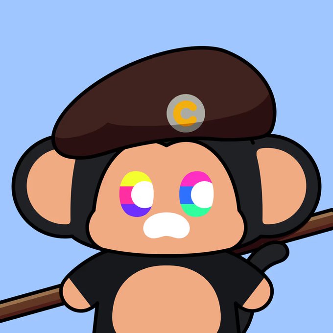 A cartoon monkey character wearing a beret with a 'C' logo, featuring colorful, misaligned eyes in red/yellow/blue/green hues against a blue background.