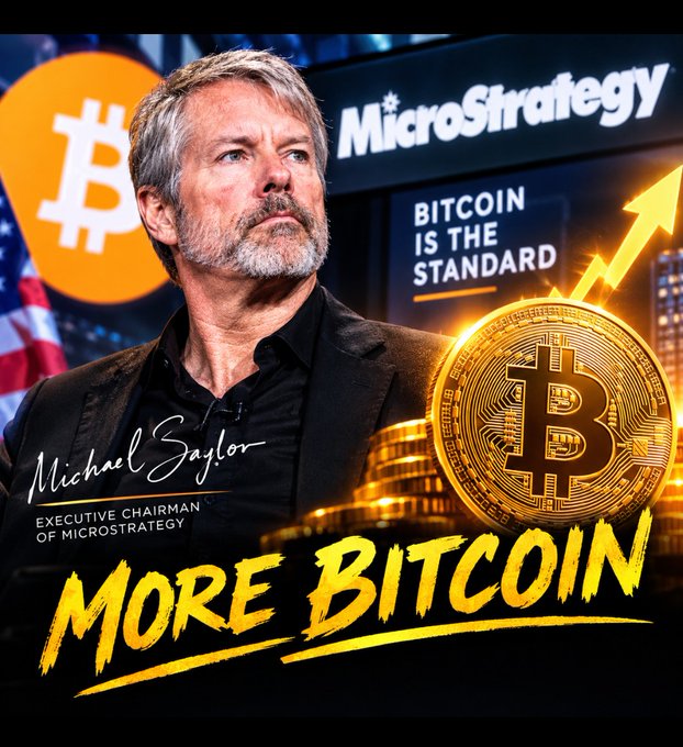 A promotional graphic featuring Michael Saylor, labeled 'Executive Chairman of MicroStrategy', alongside a large Bitcoin logo, the text 'MicroStrategy', 'BITCOIN IS THE STANDARD', and 'MORE BITCOIN'.