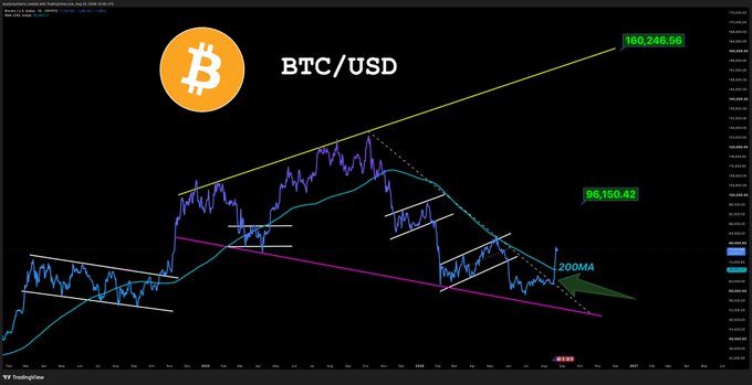 A BTC/USD chart shows Bitcoin near $96,150 with technical analysis indicating a $100,245.68 resistance level and 200MA support, suggesting $96k as a near-term target if bullish momentum holds. The chart's price action and marked resistance level visually support the post's outlook that $96,000 is the next key target contingent on maintaining upward momentum.