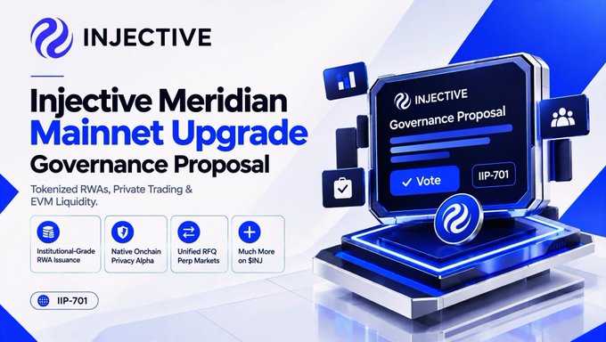 A promotional graphic for 'INJECTIVE' announces the 'Injective Meridian Mainnet Upgrade Governance Proposal (IIP-701)' highlighting features like Institutional-Grade RWA Issuance, Native Onchain Privacy Alpha, and Unified RFQ Perp Markets.