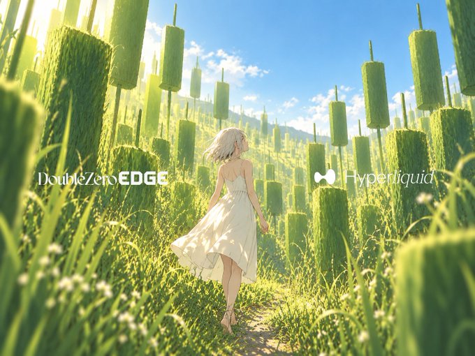 A white-haired girl in a flowing dress walks through a surreal field of floating grass blocks toward a sunlit horizon, with the text "DoubleZeroEDGE" and "Hyperliquid" displayed on opposite sides. The whimsical "touch grass" scene cleverly visualizes Hyperliquid's order book arriving on Edge, where the lush, ethereal greenery symbolizes the platform's fresh, expansive market access.