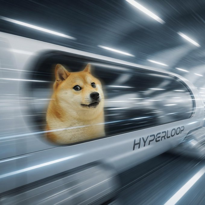 A Shiba Inu (Dogecoin mascot) peers calmly from the window of a sleek "HYPERLOOP" pod streaking through a tunnel at high speed, perfectly visualizing the post's hype about $DOGE moving fast.