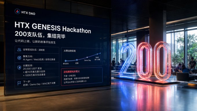 An indoor venue with a large illuminated '200' display and a screen reading 'HTX GENESIS Hackathon 200支队伍，集结完毕', listing 200 global teams, AI Agent/Web3 application focus, and 20,000 USDT in prizes plus other rewards, with next steps including Demo Day and WAICH selection.