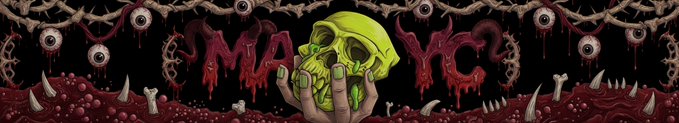 A dark horror-themed banner illustration shows a green skull held by a hand, surrounded by eyeballs, teeth, and tentacles, with dripping red text reading 'MA' and 'YC'.