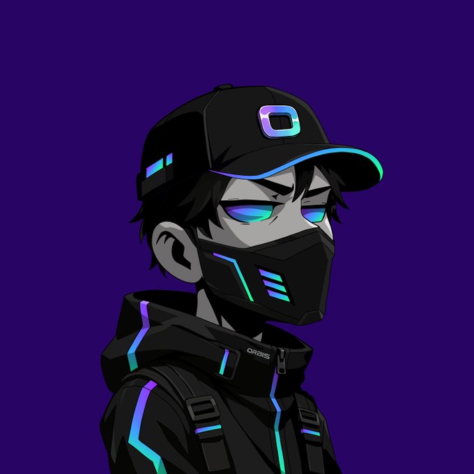 An anime-style illustration of a character wearing a black cap, mask, and hooded jacket with glowing neon blue and purple accents on a purple background.
