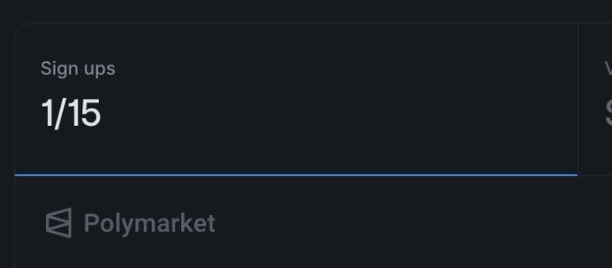 A dark interface screenshot from Polymarket displaying 'Sign ups 1/15' with a progress bar.