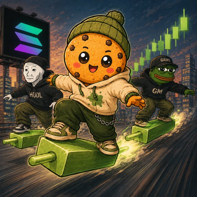 Whimsical illustration of a smiling cookie character riding a green rocket alongside a Wojak figure wearing "HODL" and a Pepe figure wearing "GAINS" and "GM" hats, set against a Solana logo and a green crypto candlestick chart.