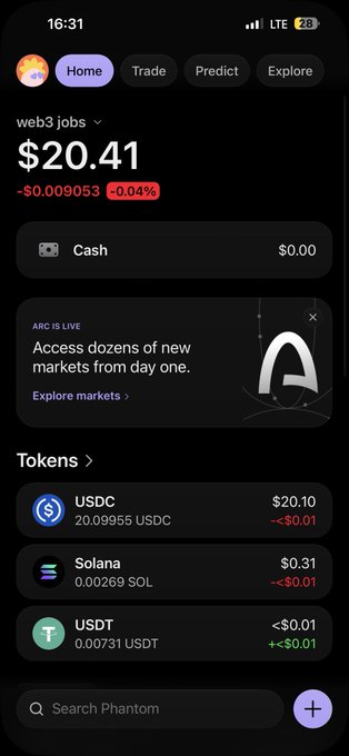 A Phantom wallet screenshot shows a balance of $20.41 with holdings in USDC ($20.10), Solana ($0.31), and USDT (~$0.01). The image relates to the post's mention of making "$20 from a gig," likely representing that specific earning displayed in the crypto wallet.