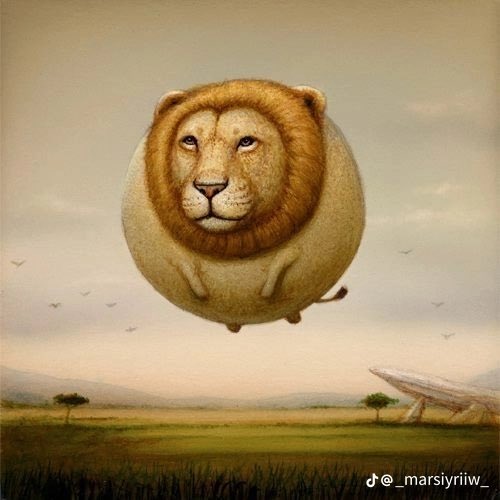 A surreal digital artwork depicting a round, fluffy lion with small legs floating above a savanna landscape, signed by @_marslyriiw.