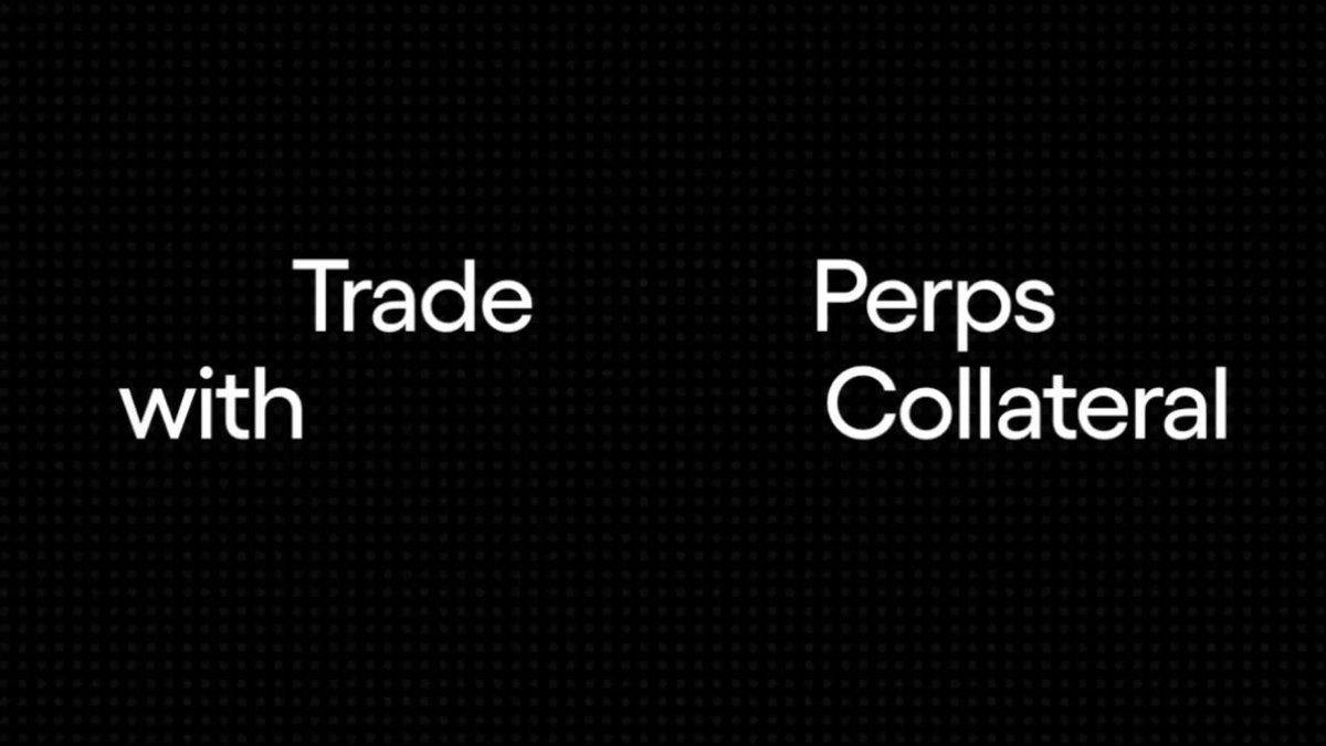 The image shows two black text boxes with white lettering, one of which says "Trade" and the other states "Perps Collaborative". The post in the background reads "Hold the asset, trade the move. In a landmark first, Ondo Perps will allow eligible traders to put their tokenized stocks to work as collateral. See what's coming → ondoperps.xyz".