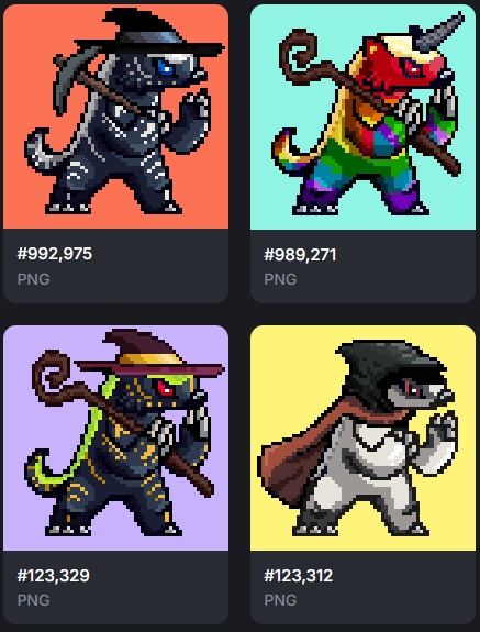 Four pixel art character sprites displayed in a grid with file numbers and PNG format labels (#992,975, #989,271, #123,329, #123,312), showing colorful fantasy figures with hats and weapons.