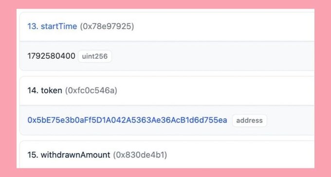 A screenshot of smart contract or blockchain data fields showing 'startTime' with value 1792580400 (uint256), 'token' address 0x5bE75e3b0aFf5D1A042A5363Ae36AcB1d6d755ea, and 'withdrawnAmount'.