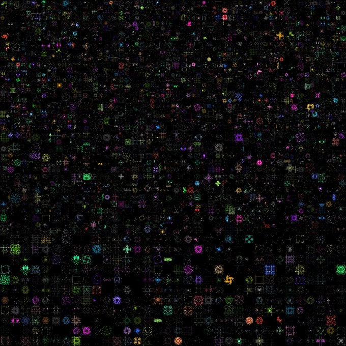A dense, colorful grid of hundreds of small, glowing, pixel-art style icons or sprites arranged on a black background, featuring various shapes, symbols, and creatures in multiple colors.