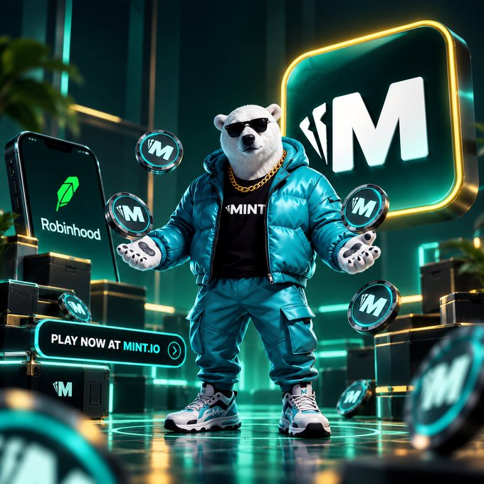 A 3D-rendered polar bear character wearing sunglasses, a gold chain, and a turquoise puffer jacket standing amid floating crypto coins marked "M" for MINT, with "PLAY NOW AT MINT.IO" and a Robinhood logo visible.