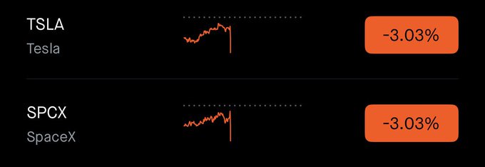 The image displays a stock market tracker showing both TSLA (Tesla) and SPCX (SpaceX) down 3.03%, illustrating the dip the post references as a buying opportunity. The matching percentage drops for both Elon Musk's companies highlight a coordinated decline, reinforcing the sentiment of gratitude for the chance to "buy the dip."