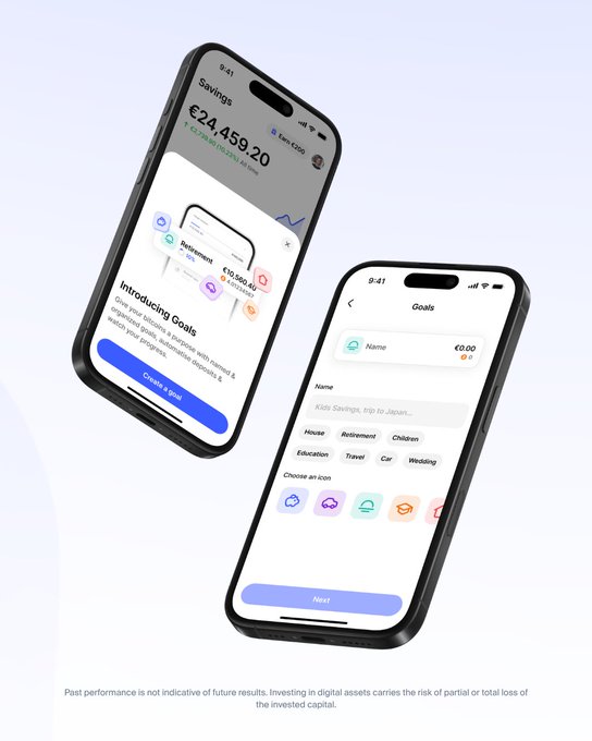 Two smartphones display a savings app showing a €24,459.20 portfolio with a +€2,432.90 (+10.23%) gain, along with a "Goals" feature for creating savings objectives like Retirement, House, Children, and Wedding—visually reinforcing the post's message of a "Simplest way to save."