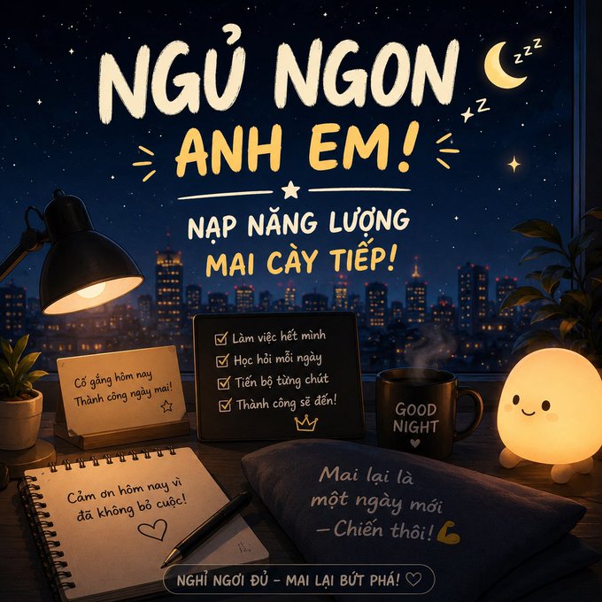 A Vietnamese motivational goodnight poster reading 'NGỦ NGON ANH EM!' (Goodnight friends) encouraging rest before tomorrow's challenges, featuring a cozy desk scene with a lamp, coffee mug, and notepad with checkmarks.