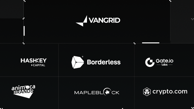 A logo display featuring VANGRID, HASHKEY CAPITAL, Borderless, Gate.io Labs, animoca BRANDS, MAPLEBLOCK, and crypto.com.