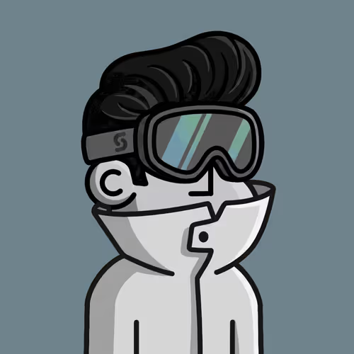 A cartoon illustration of a character wearing ski goggles with a logo on the strap, bundled up in a white winter coat with a high collar.