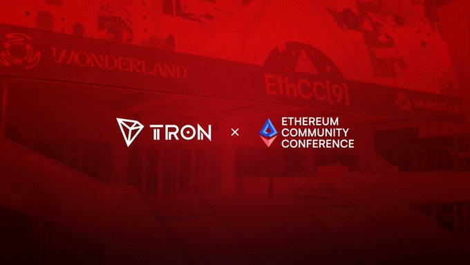 The image displays a red-tinted promotional banner featuring the TRON logo alongside the Ethereum Community Conference (EthCC[9]) logo, with "WONDERLAND" and "ETHCC[9]" text visible in the background, indicating TRON's participation or sponsorship at the Ethereum Community Conference as a backdrop to announcements about mempool propagation optimizations for ultra-low latency trading.