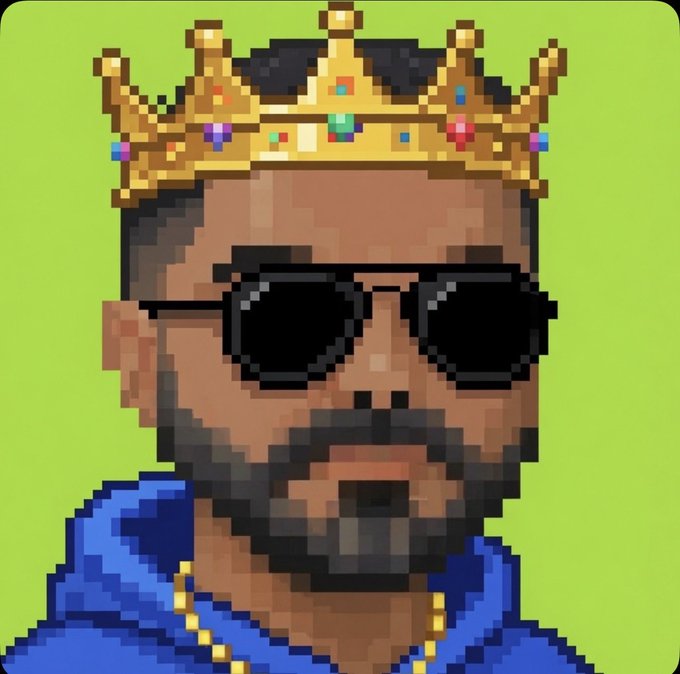 A pixel art style portrait shows a man with a beard, wearing dark sunglasses, a blue shirt, a gold chain, and a jeweled golden crown against a bright green background.