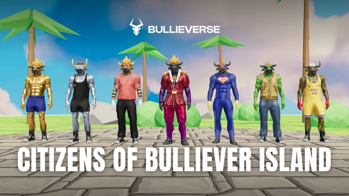 Promotional artwork for 'BULLIEVERSE' showing seven anthropomorphic bull characters in various outfits, titled 'CITIZENS OF BULLIEVER ISLAND' in large white text.