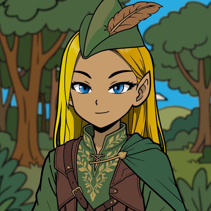 An anime-style illustration of a blonde elf girl with blue eyes wearing a green tunic and a feathered hat, standing in a forest setting.
