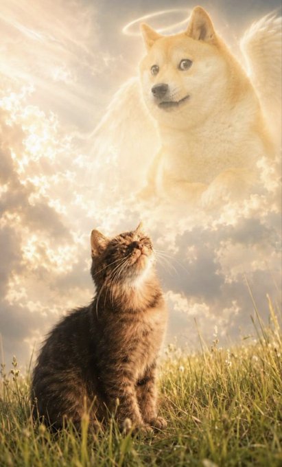 A tabby cat sits in a grassy field, gazing up at a glowing, angelic Shiba Inu appearing in the clouds above, surrounded by a radiant halo and wings.