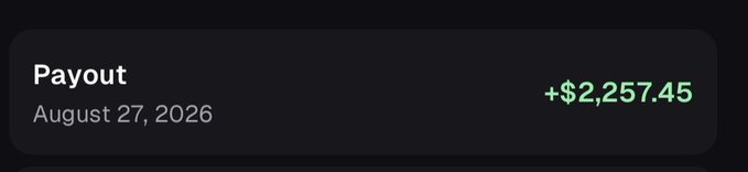 A "Payout" notification dated August 27, 2026, showing a credit of +$2,257.45 in green, which appears to illustrate the "2k stimmy" earnings the user attributes to Pumpfun in their celebratory post about an airdrop payout.