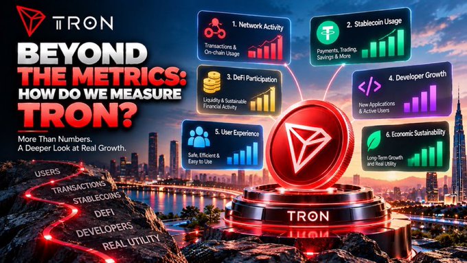 A promotional graphic titled 'TRON BEYOND THE METRICS: HOW DO WE MEASURE TRON? More Than Numbers, A Deeper Look at Real Growth' showcasing six metrics including Network Activity, Stablecoin Usage, DeFi Participation, Developer Growth, User Experience, and Economic Sustainability.