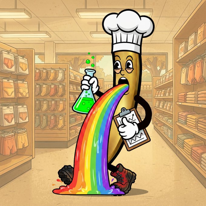 A cartoon illustration of an anthropomorphic banana dressed as a chef, vomiting a rainbow while holding a flask of green liquid and a clipboard in an underwear store.