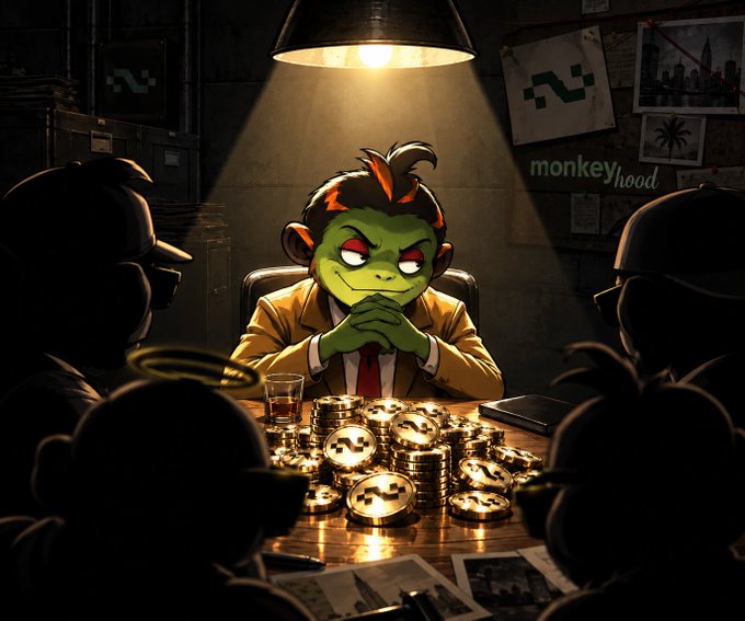 A cartoon illustration of a green-skinned monkey-like character in a suit sitting at a table piled with gold bitcoin coins and dogecoin, with 'monkeyhood' text and a pixelated logo visible in the background.