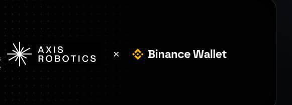 The image shows a collaboration announcement banner featuring the "AXIS ROBOTICS" logo alongside the "Binance Wallet" logo on a black background, representing the partnership mentioned in the post about a new event with 1.5M Axis points up for grabs starting August 26.