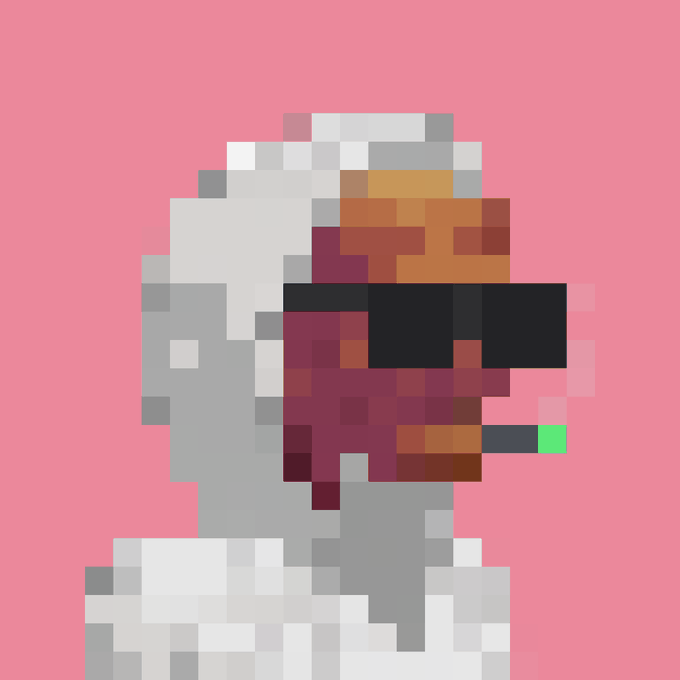 A pixel art portrait of a man with dark skin, wearing sunglasses and smoking a cigarette, set against a solid pink background.