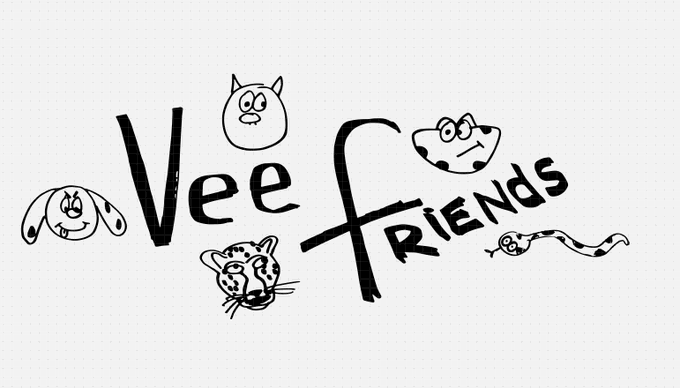 A hand-drawn black ink illustration with the text 'Vee Friends' surrounded by cartoon sketches of a cat, dog, cow, leopard, and snake.