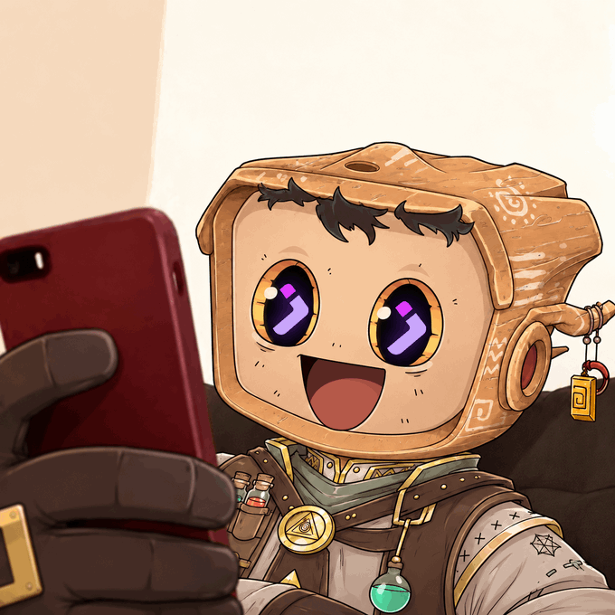 An animated illustration of a cheerful wooden box-like character taking a selfie with a smartphone.