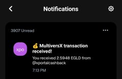 A mobile notifications screen showing '3907 Unread' alerts, including a MultiversX transaction receipt for 2.5949 EGLD from @portaicallback.