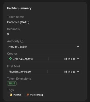A dark-themed "Profile Summary" panel displays details for the meme token Catecoin (CATE), showing 9 decimals, authority address HBC39...5085t, creator 7AbRGz...XS2v3v, first mint FhVo3m...hmHuM, and tags #Meme and #Meteora.ag. The image confirms the token's metadata on a launchpad platform, matching the post's claim that $CATE was launched via Cashback on @Pumpfun with fees to @kabosumama.