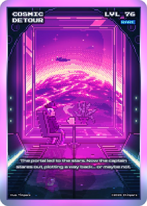 A pixel art trading card titled 'COSMIC DETOUR' at LVL 76, RARE rarity, showing a figure sitting in a spacecraft looking out at a purple alien landscape with text: 'The portal led to the stars. Now the captain stares out, plotting a way back... or maybe not.'