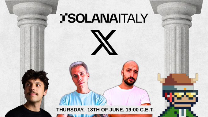 The image features an advertisement for a concert featuring two men wearing white t-shirts with black text, one of whom has a bald head. The background includes columns and a banner that reads "solanaitaly x".