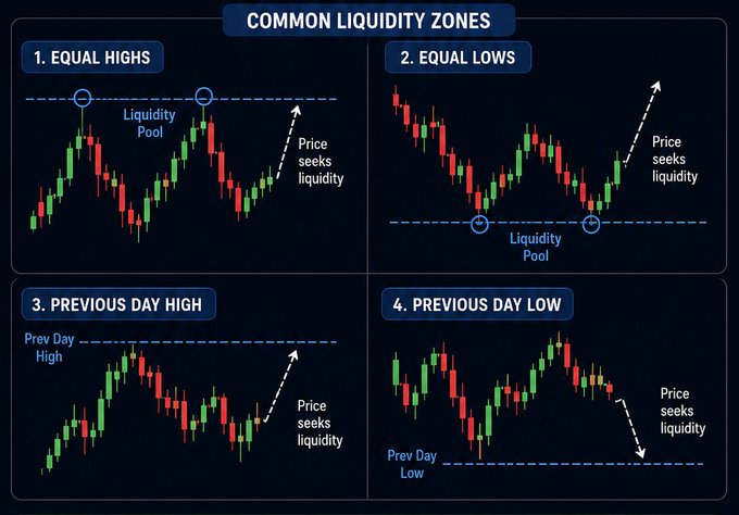 The image, titled "COMMON LIQUIDITY ZONES," illustrates four key price levels—Equal Highs, Equal Lows, Previous Day High, and Previous Day Low—where stop losses and pending orders cluster, showing how price is drawn toward these pools of liquidity.