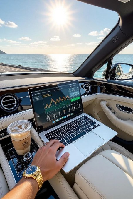 A luxury lifestyle scene of a hand on a laptop displaying stock charts inside a car, with an iced coffee, a gold watch, and the ocean view through the windshield under bright sunlight.